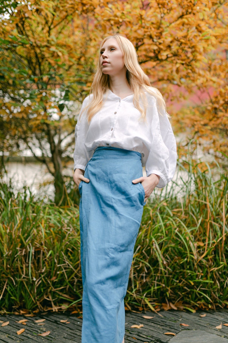 Jupe portefeuille en lin, jupe longue avec poches, jupe crayon taille haute, jupe longue grande taille Élégante et naturelle image 1