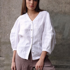 Linen Blouse, Puff Sleeve Linen Top, Summer Vacation Outfit, Boho Cottagecore Shirt, Feminine Linen Clothing, Ready to Ship