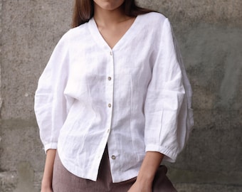 Blusa de lino, top con cuello en V y mangas abullonadas, camisa estilo boho cottagecore, ropa de lino para vacaciones de verano.