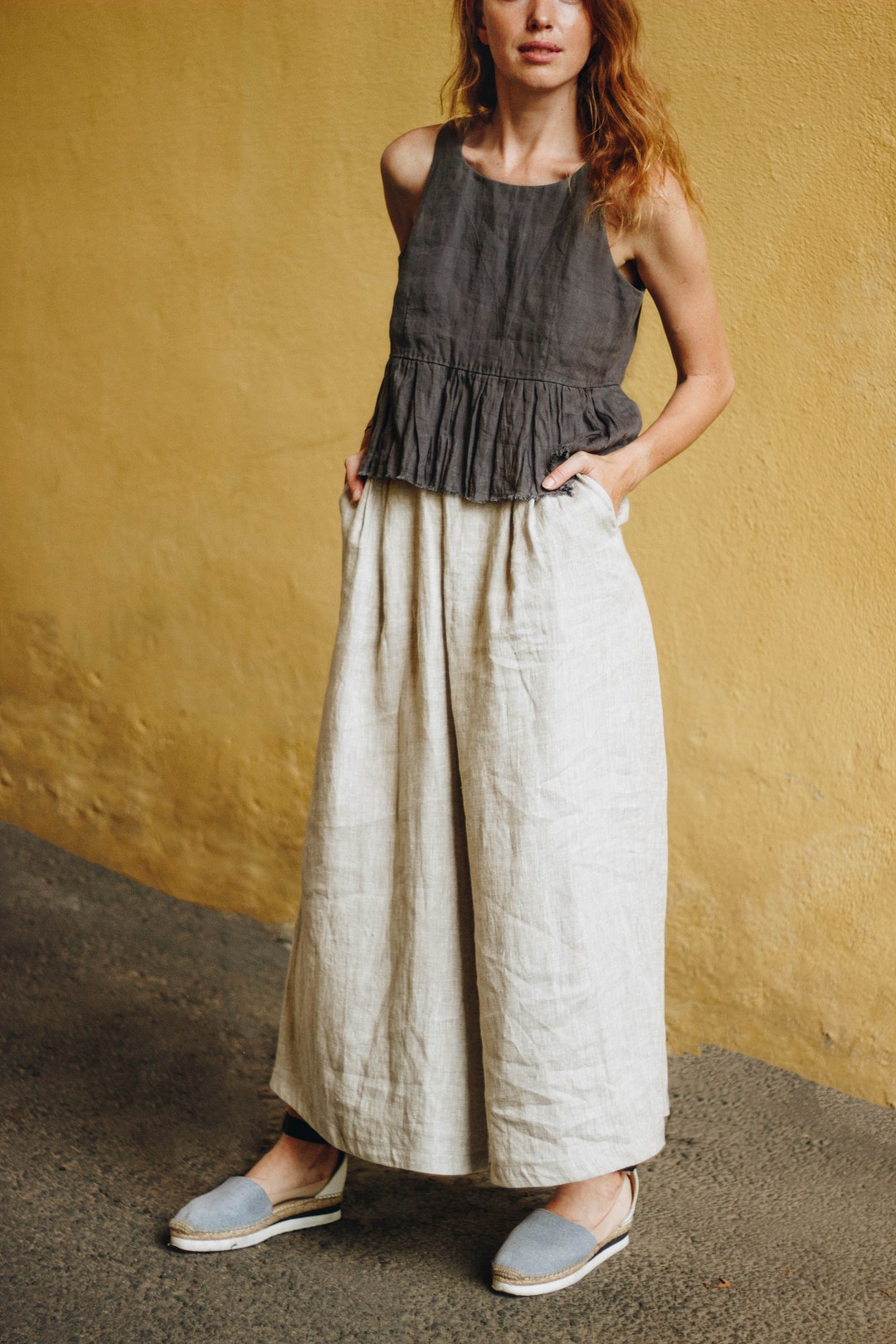 LINEN CULOTTES MARISA, Wide Leg Pants With Pockets, High Waisted Pants, Plus  Size Linen Trousers, 