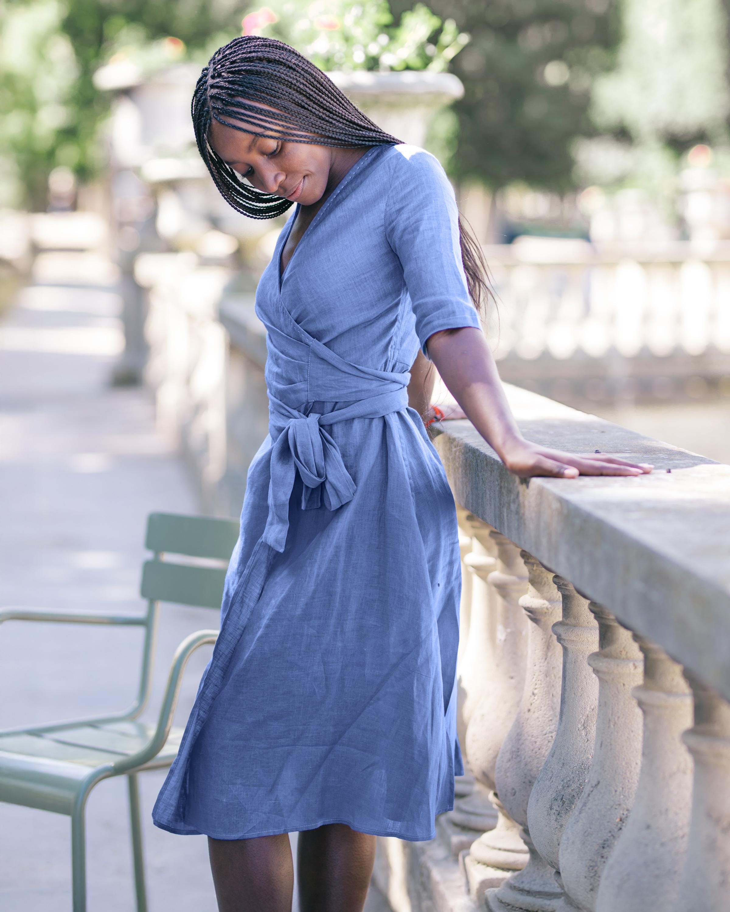 wrap style midi dress Linen Wrap Dress with Pockets: Elegant Organic Midi Dress
