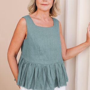 Linen Peplum Blouse, Sleeveless Summer Top, Square Neck Feminine Blouse, Minimalist City Style