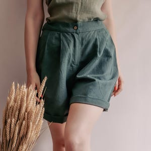 High Waist Linen Shorts for Women, Summer Vacation Outfit, Minimalist Relaxed Fit Shorts with Pockets, Ready to Ship