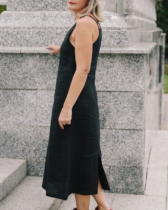 Black Linen Sundress: Spaghetti Strap Midi Dress with Pockets