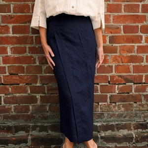 High Waisted Pencil Skirt, Wrap Linen Skirt with Pockets, Long Navy Skirt, Maxi Skirt Plus Size image 2