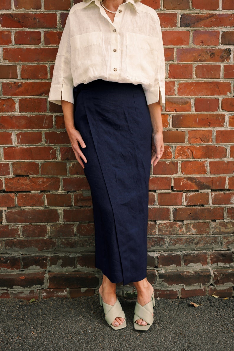 High Waisted Pencil Skirt, Wrap Linen Skirt with Pockets, Long Navy Skirt, Maxi Skirt Plus Size image 2