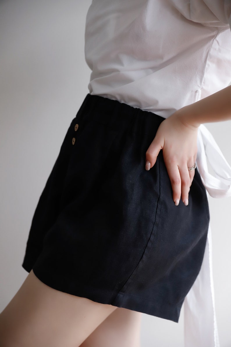 Tuman High Waisted Shorts, Black Linen Shorts for Women, Wide Leg Shorts image 4