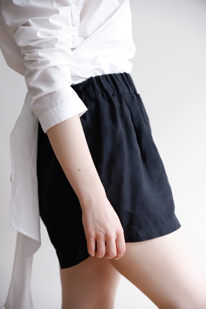 Tuman High Waisted Shorts, Black Linen Shorts for Women, Wide Leg Shorts image 2