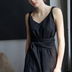 SUMMER LINEN DRESS with pockets maxi black boho dress image 4