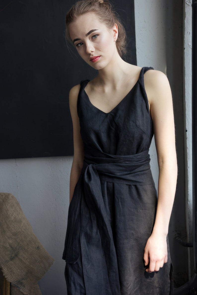 SUMMER LINEN DRESS with pockets maxi black boho dress image 4