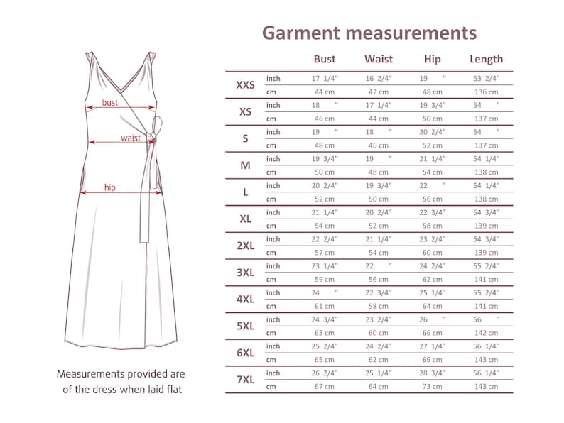 a measurements chart for a dress with measurements