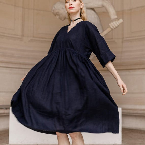 Ready to Ship Linen Smock Dress for Women SIZE L-4XL, Dark Blue Loose Fitting Dress with Pockets, Oversized Linen Dress with Gathered Waist Ready to Ship Linen Smock Dress for Women SIZE L-4XL, Dark Blue Loose Fitting Dress with Pockets, Oversized Linen Dress with Gathered Waist