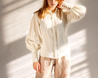 Ready to Ship Victorian Linen Blouse with Puffy Sleeves, Romantic Cottagecore Blouse for Garden Party, Vintage-Inspired Poet Blouse