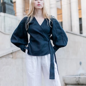 Ready to Ship Linen Wrap Blouse, Bishop Sleeve Top, Long Sleeve Poet Shirt, Romantic European Summer Outfit