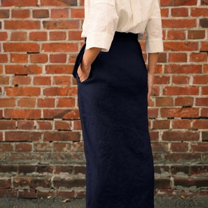 High Waisted Pencil Skirt, Wrap Linen Skirt with Pockets, Long Navy Skirt, Maxi Skirt Plus Size image 5