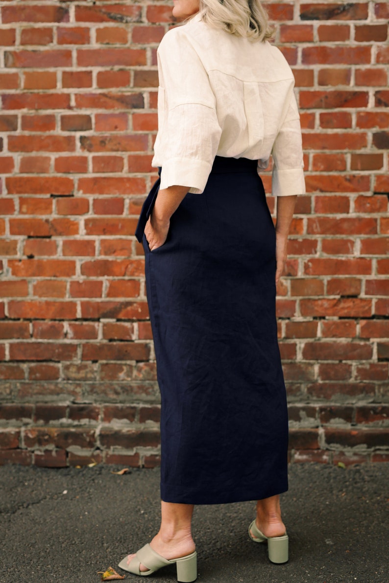 High Waisted Pencil Skirt, Wrap Linen Skirt with Pockets, Long Navy Skirt, Maxi Skirt Plus Size image 5