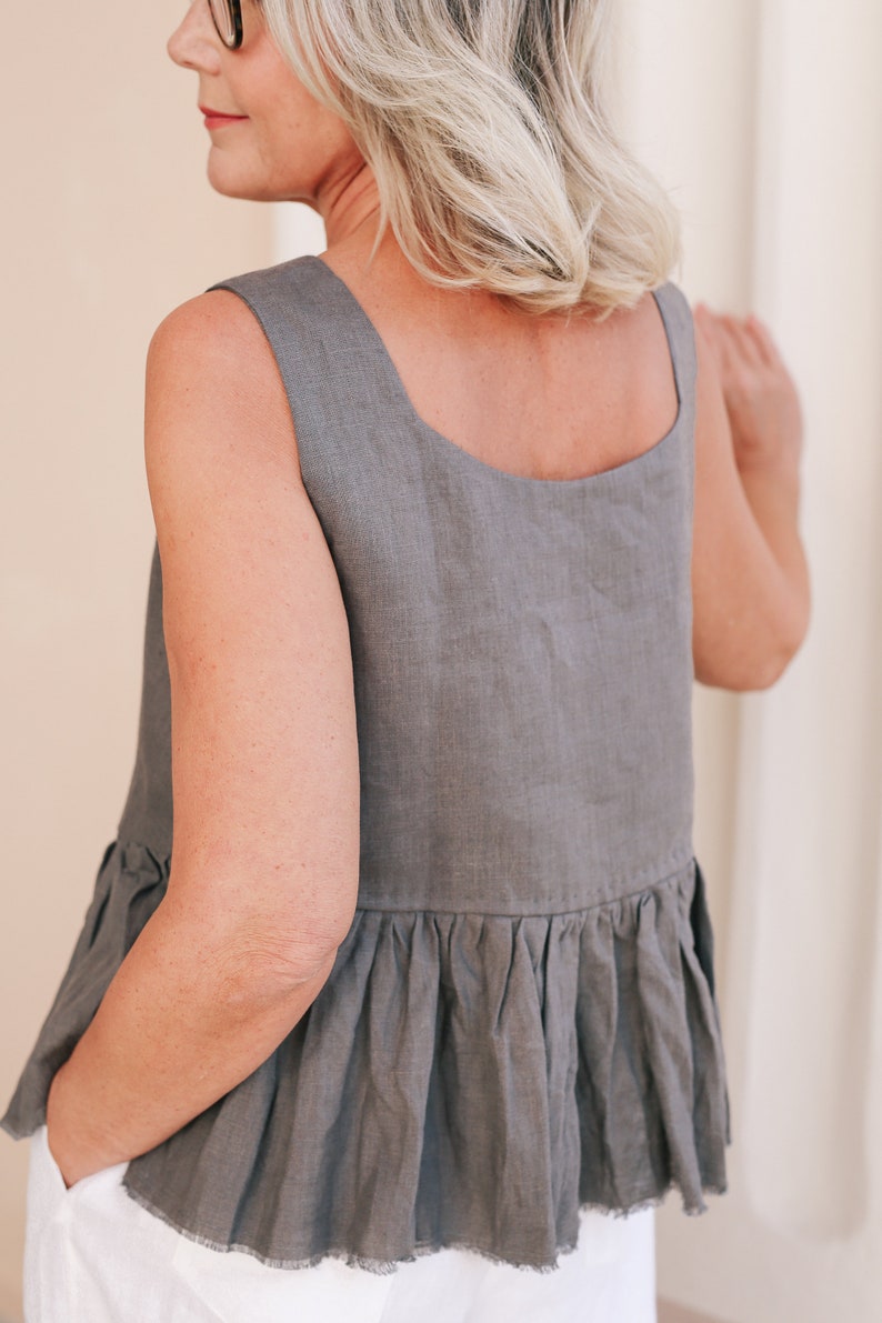 LINEN PEPLUM TOP, Sleeveless Linen Top, Ruffle Hem Blouse, Square Neck Crop Top image 9