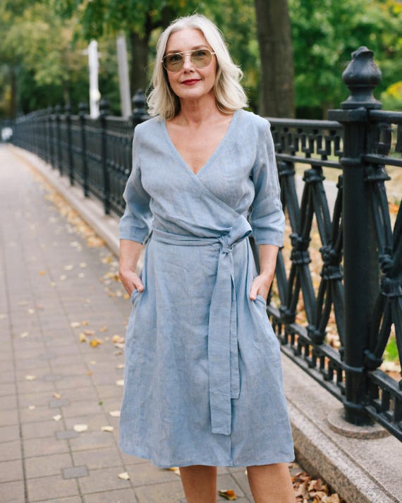 Elegant Linen Wrap Dress, Midi Dress With Sleeves and Belt, City
