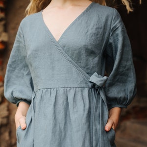 Linen Wrap Dress ERENA, Ruffle Linen Dress with Pockets, Balloon Sleeves Dress image 10