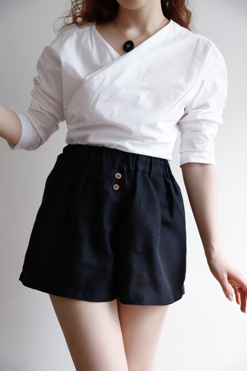 Tuman High Waisted Shorts, Black Linen Shorts for Women, Wide Leg Shorts image 1