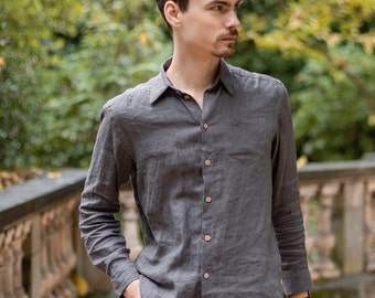 LINEN SHIRT MEN with long sleeves, Button down mens linen shirt, gray linen shirt for men, linen clothing men shirt