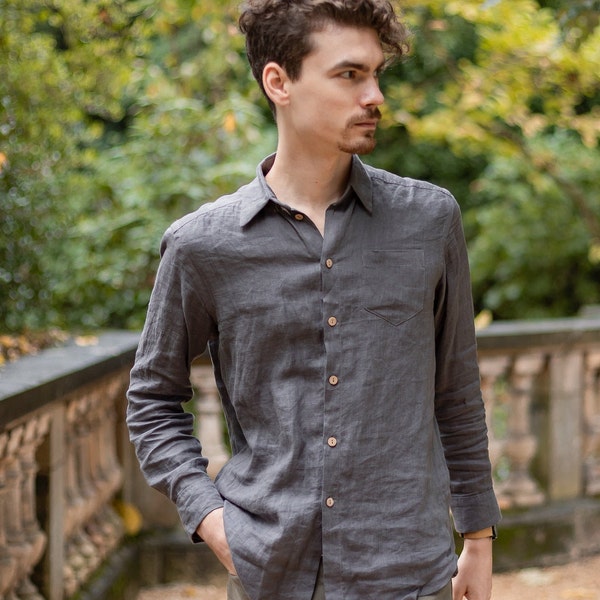 LINEN SHIRT MEN with long sleeves, Button down mens linen shirt, gray linen shirt for men, linen clothing men shirt