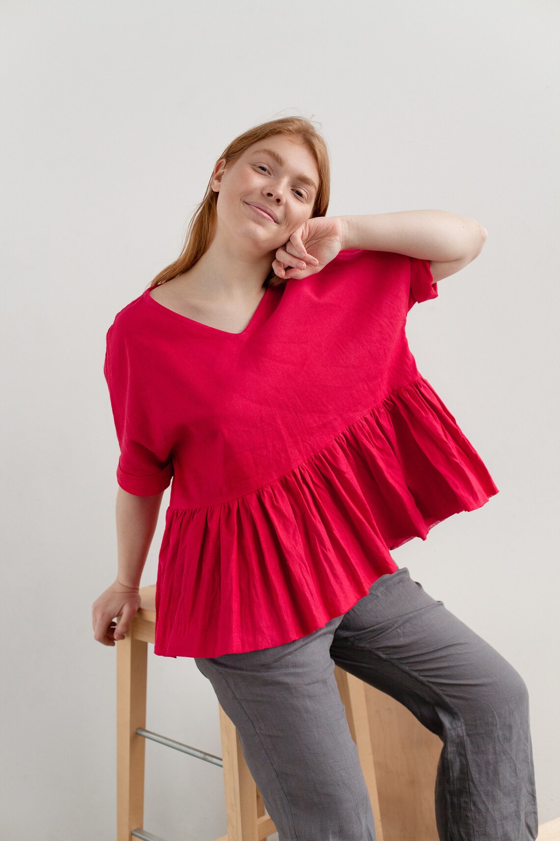 RED LINEN TOP with Ruffled peplum Half Sleeve Linen Cotton Etsy