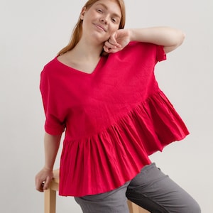 RED LINEN TOP with Ruffled peplum, Half Sleeve Linen + Cotton Top, Plus Size Linen Blouse, Organic Linen Clothing, Linen Blouse for Women