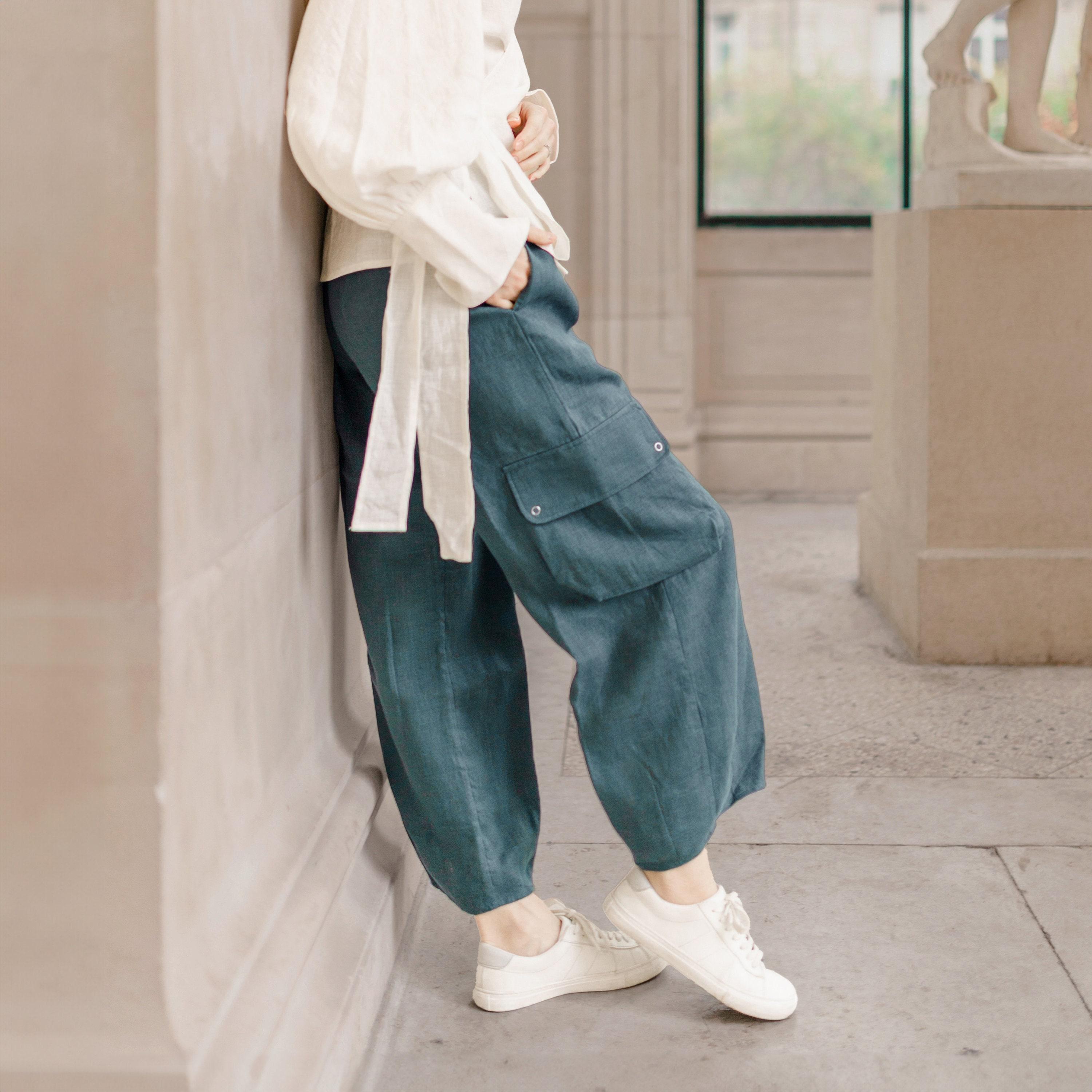 LINEN CARGO PANTS With Elastic Waist, Wide Leg Linen Pants