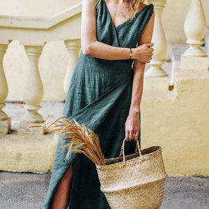 Maxi Sleeveless Linen Wrap Dress with Twisted Straps and Pockets NASTYA image 4