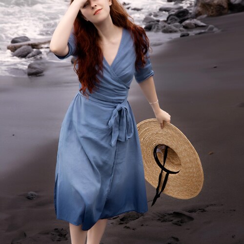 Linen Wrap Dress: Midi Summer Dress with Pockets