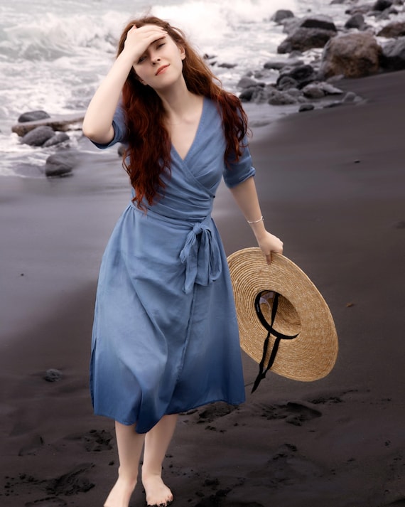 casual wrap dress midi Linen Wrap Dress: Midi Summer Dress with Pockets