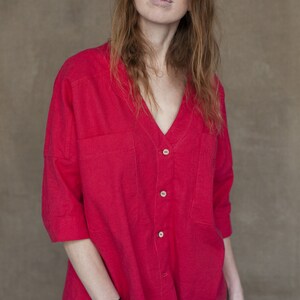 Oversized Linen Top KUPAVA, V Neck Loose Linen Blouse zdjęcie 4