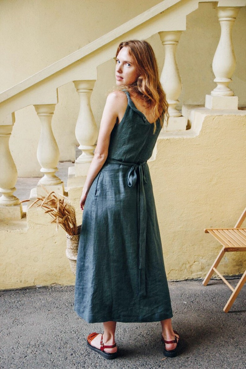 Maxi Sleeveless Linen Wrap Dress with Twisted Straps and Pockets NASTYA image 2
