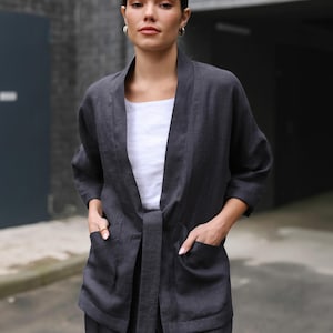 Linen Kimono Jacket, Ready to Ship Tie Front Jacket for Minimalist Outfits
