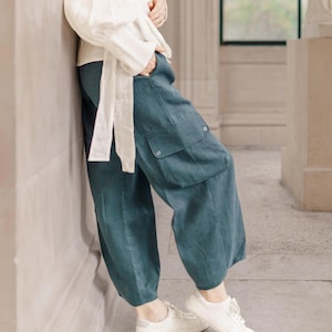 Ready to ship LINEN CARGO PANTS with Elastic Waist, Wide Leg Linen pants, High Waist Tapered Pants
