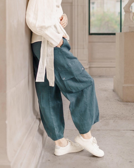 Ready to Ship LINEN CARGO PANTS With Elastic Waist, Wide Leg