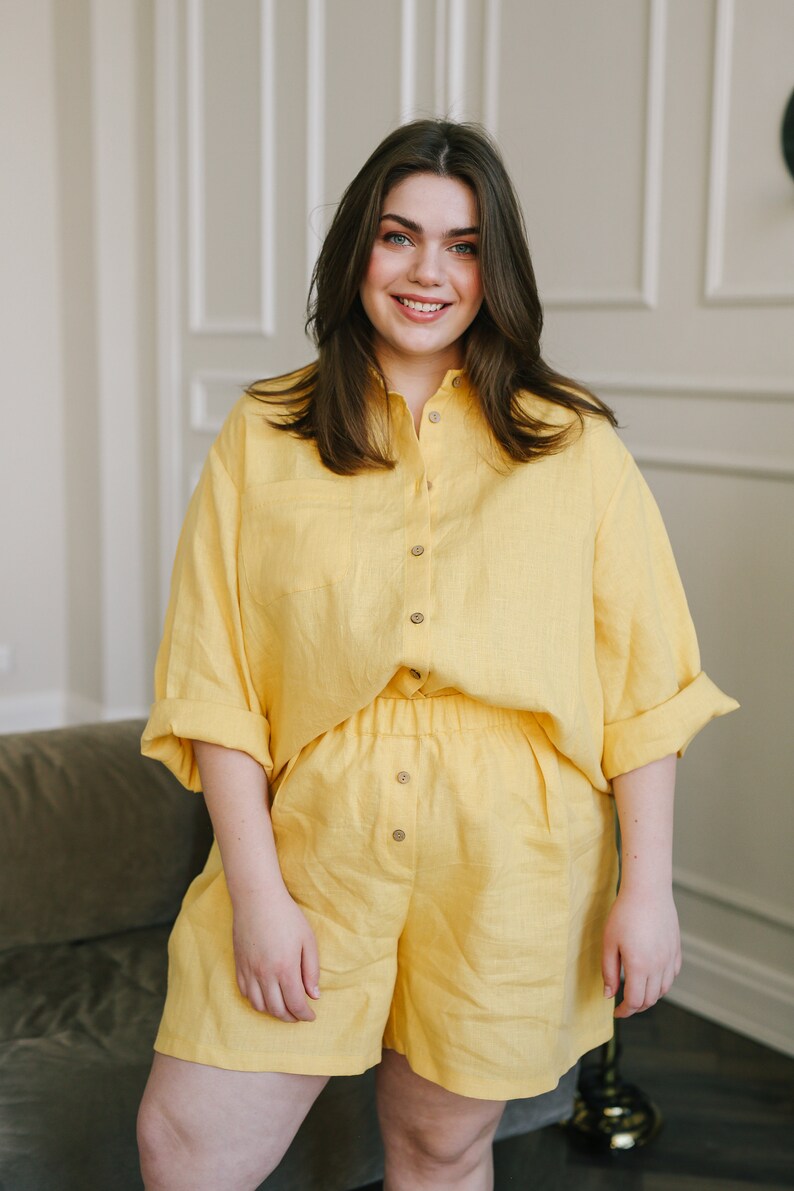 SUNFLOWER Linen Pajama Set, Yellow Linen Suit with discount Shorts