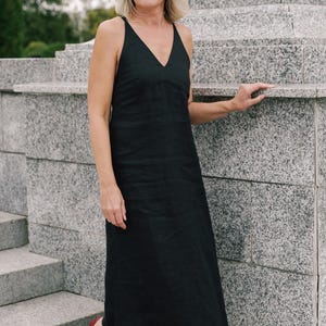 Ready to Ship Black Linen Sundress, Spaghetti Strap Dress, Linen Slip Dress, Cami Midi Dress with Pockets, Minimalist Vacation Outfit