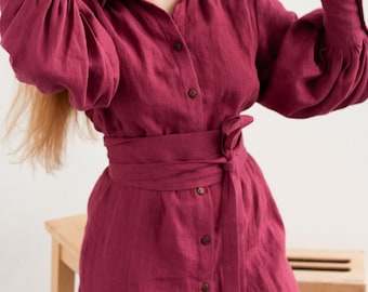 Ready to Ship Romantic Linen Dress with Puff Sleeves, Belted Button-Up Midi Dress, Cottagecore Dress for Afternoon Tea, Garden Party Outfit