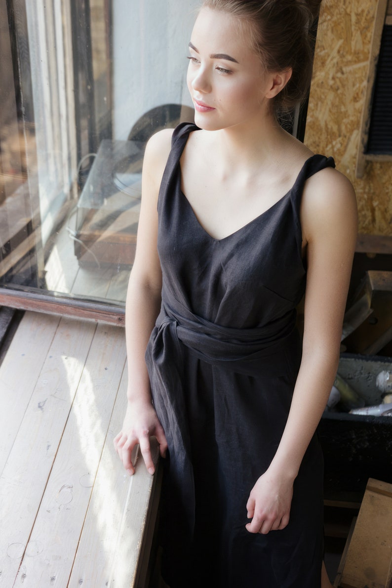 SUMMER LINEN DRESS with pockets maxi black boho dress image 9