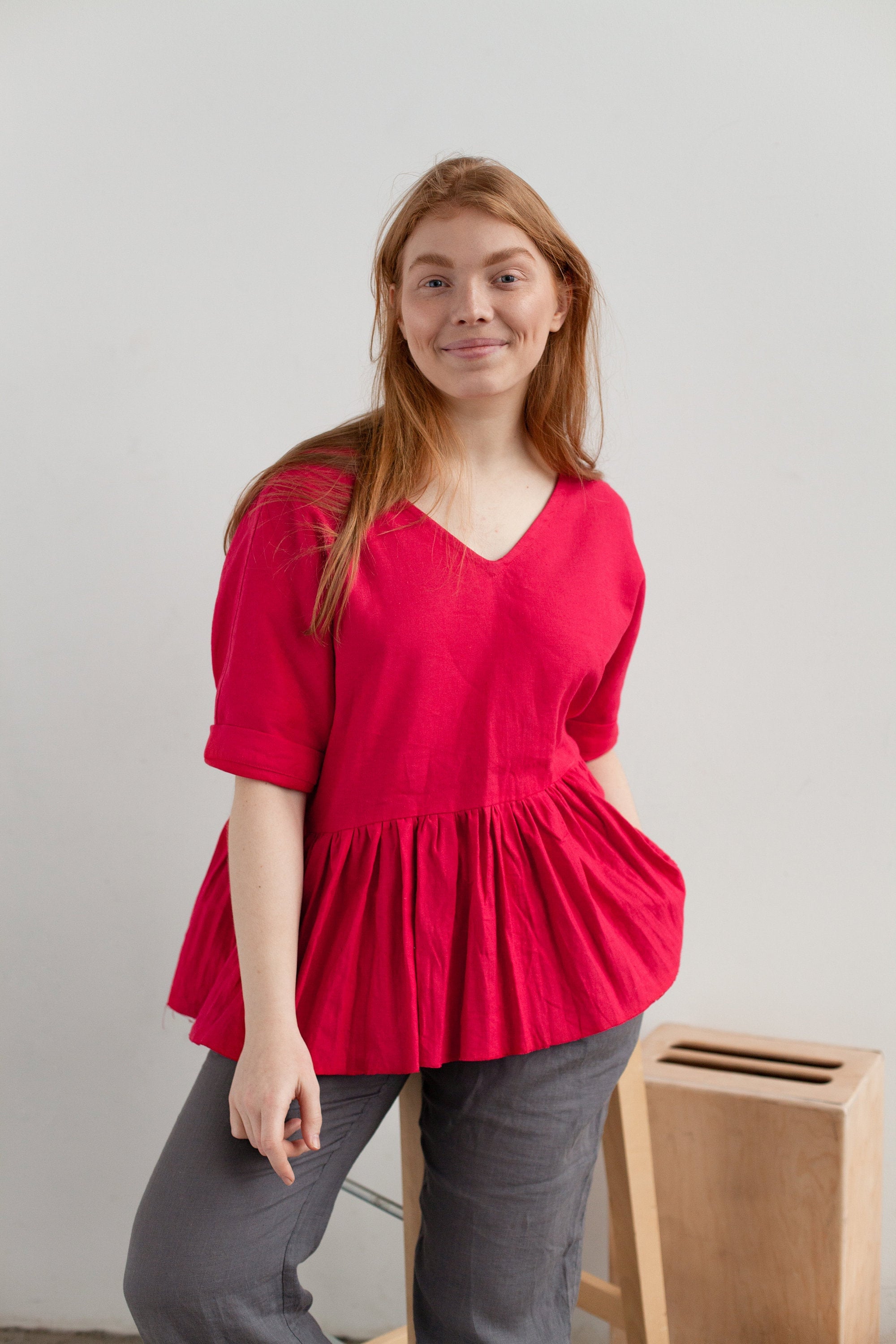 RED LINEN TOP with Ruffled peplum Half Sleeve Linen Cotton Etsy