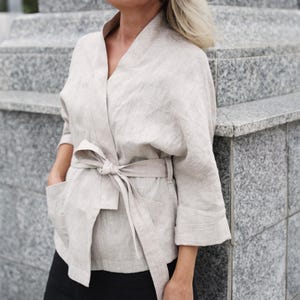 Linen Kimono Jacket, Oversized Belted Cardigan for Women, Plus Size Linen Coat, Ready to Ship