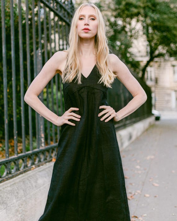 Black Linen Cami Dress: Minimalist Summer Sundress with Pockets
