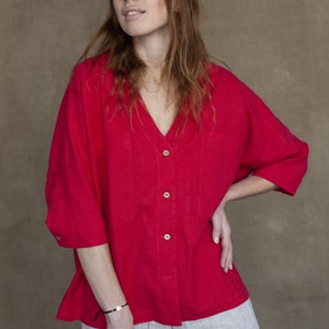 Oversized Linen Top KUPAVA, V Neck Loose Linen Blouse zdjęcie 1