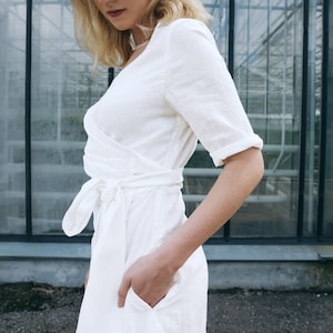 White Linen Wedding Guest Dress, Midi Wrap Dress, Short Sleeve City Hall Bridal Look, Ready to Ship