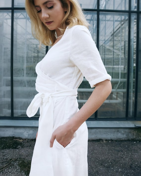 Linen Dress White Wrap Dress Wedding White Linen Wrap Dress: Midi Wedding Guest Dress, City Hall Linen Dress White Wrap Dress Wedding White Linen Wrap Dress: Midi Wedding Guest Dress, City Hall
