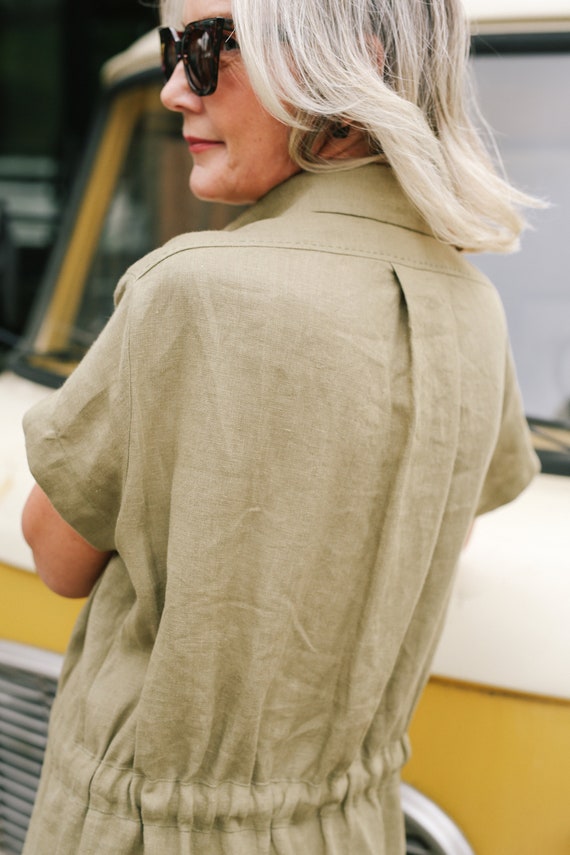 Khaki linen shirt dress cheap