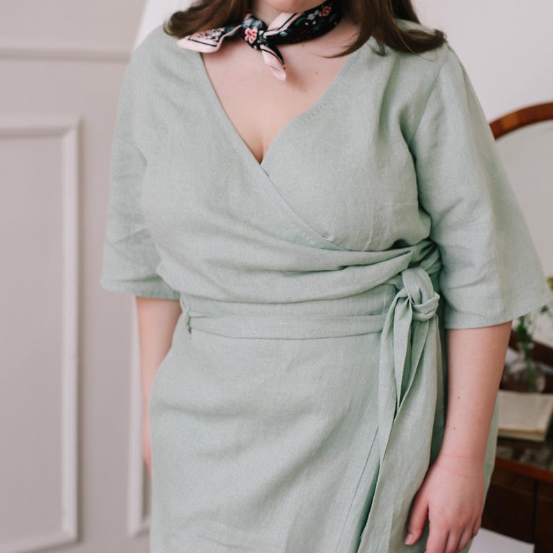Ready to Ship Wrap Linen Top for Women, Summer Linen Blouse, Plus Size Linen Shirt, Feminine Vacation Blouse, Wedding Guest Top 3XL - Mint Green