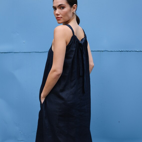 Gathered Back Linen Dress Bow Tie Back Midi Dress Sleeveless Linen Dress Etsy Canada